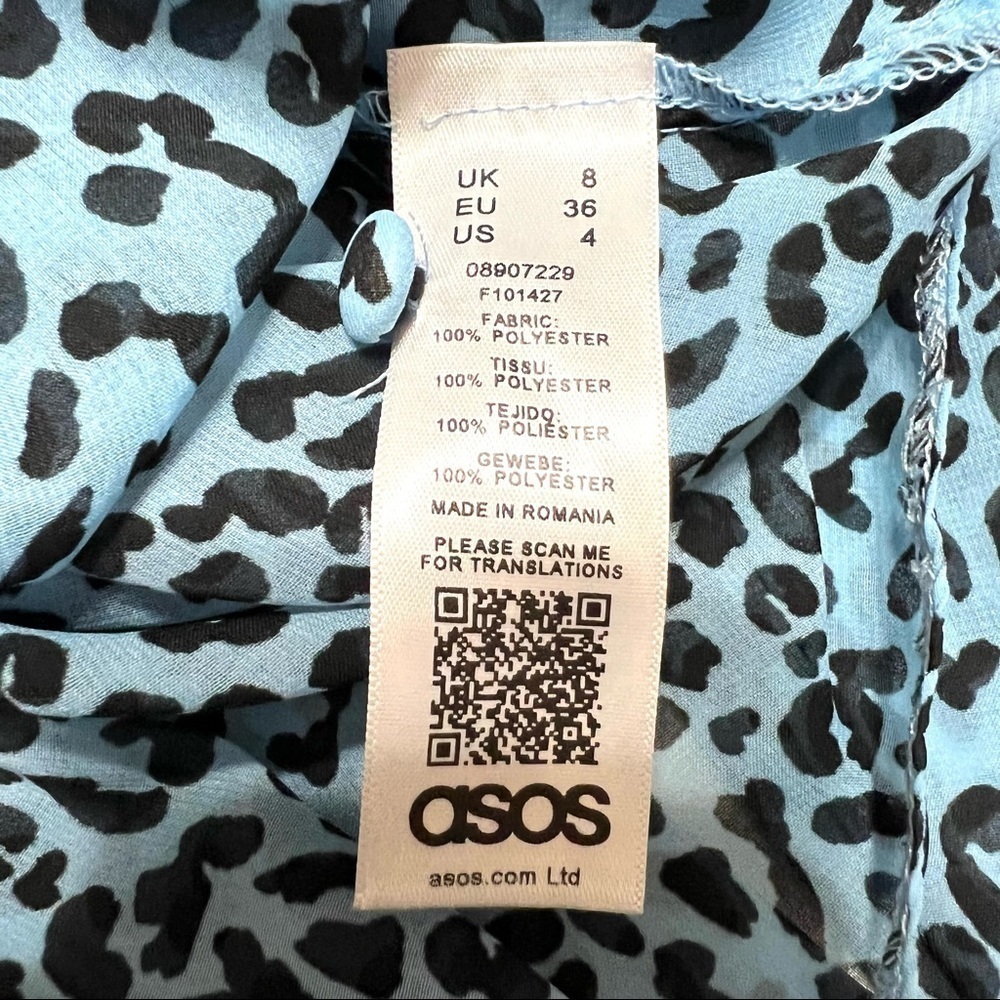 ASOS Blue Animal Print Belted Puff Sleeve Sheer Blouse Women’s 8 - Picture 12 of 13